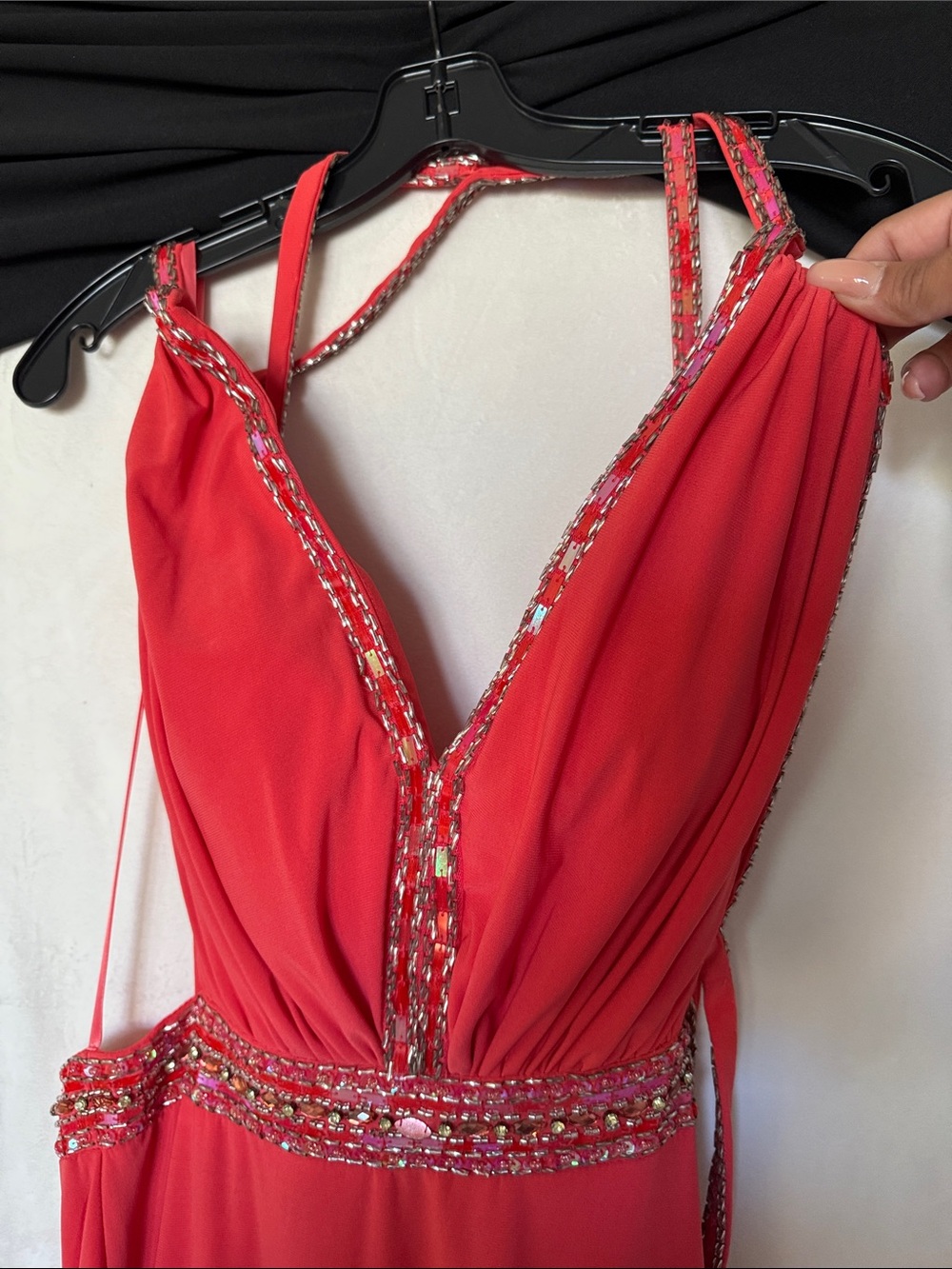 Red Beaded V-Neck Evening Gown